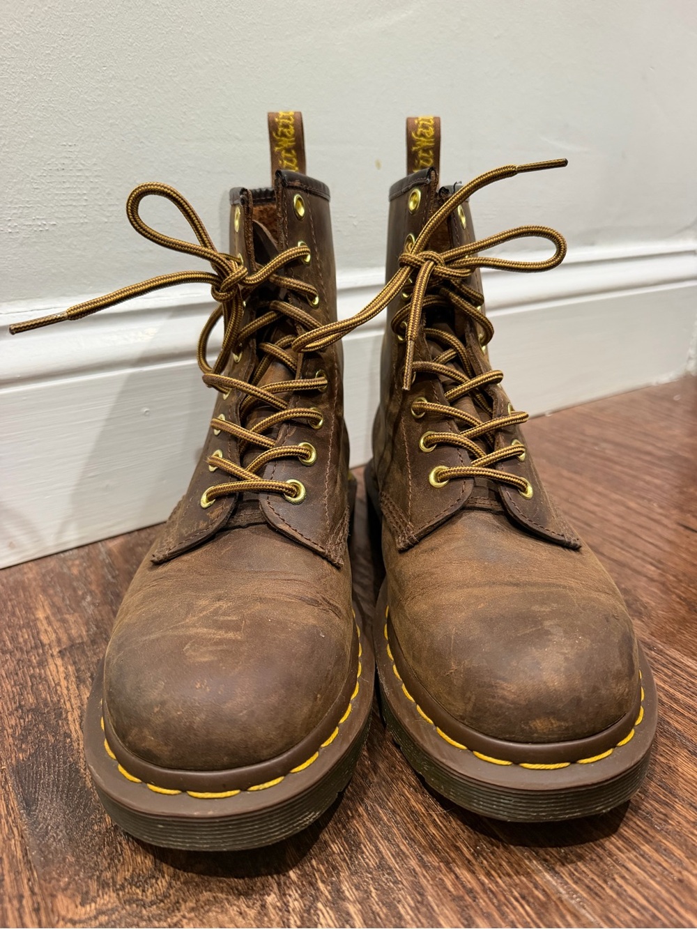 Dr. Martens Brown Leather Lace-Up Combat Boots with Yellow Stitching